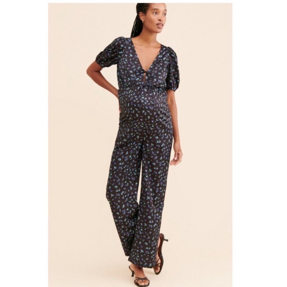 The Frolic Maternity Floral Tie Front Puff Sleeve Wide Leg Jumpsuit Blue Black‎
